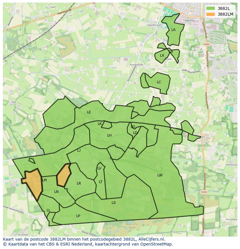 Afbeelding van het postcodegebied 3882 LM op de kaart.