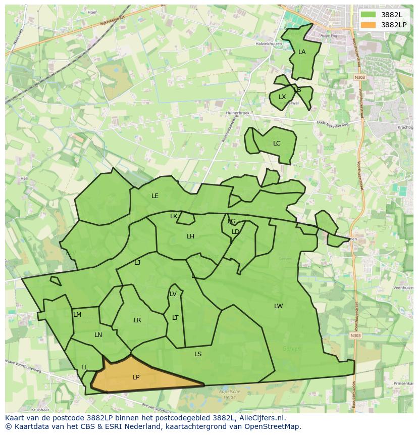 Afbeelding van het postcodegebied 3882 LP op de kaart.