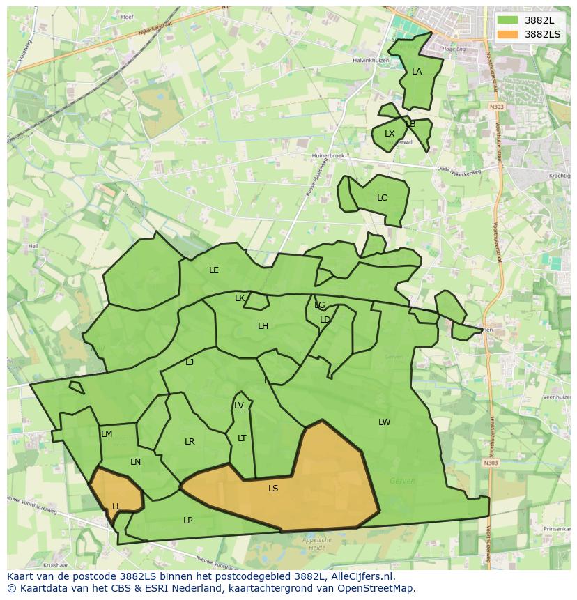 Afbeelding van het postcodegebied 3882 LS op de kaart.