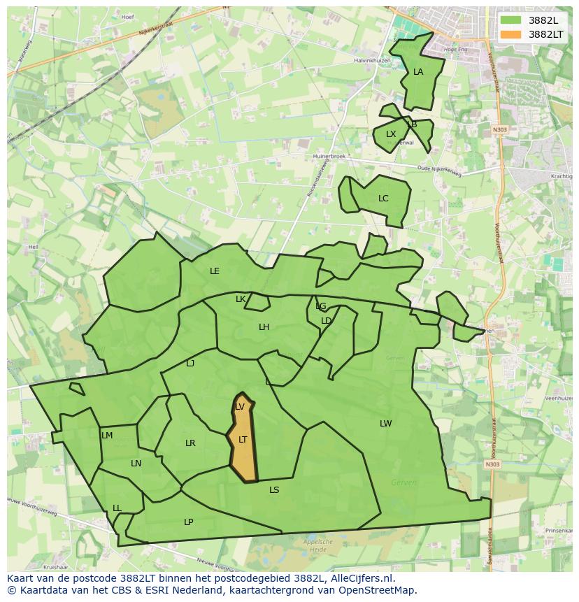 Afbeelding van het postcodegebied 3882 LT op de kaart.