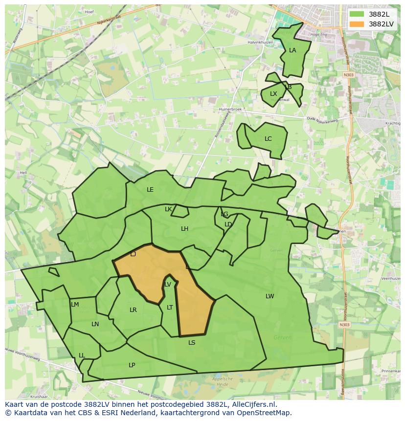 Afbeelding van het postcodegebied 3882 LV op de kaart.