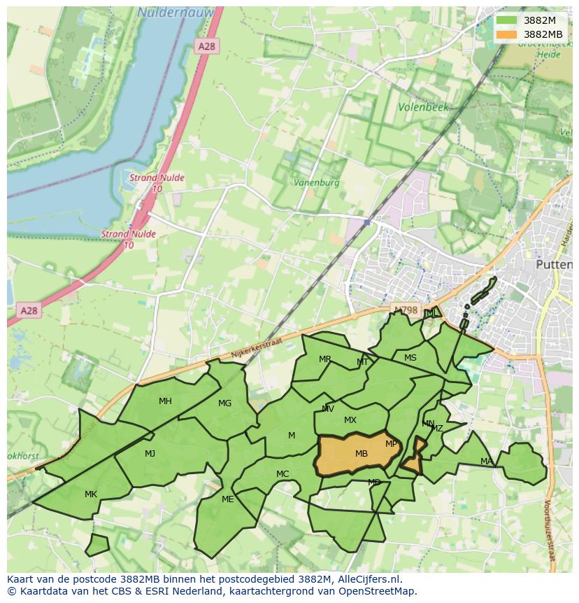 Afbeelding van het postcodegebied 3882 MB op de kaart.