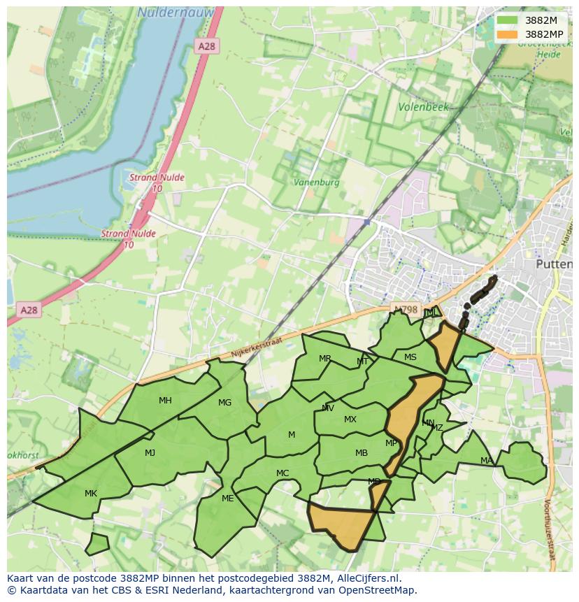 Afbeelding van het postcodegebied 3882 MP op de kaart.