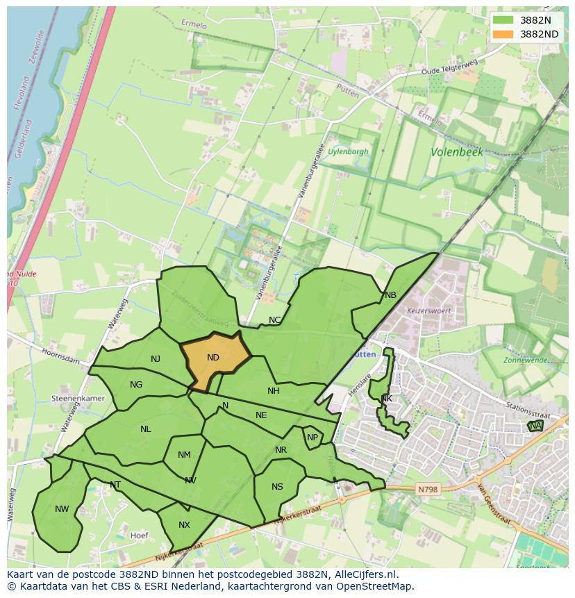 Afbeelding van het postcodegebied 3882 ND op de kaart.
