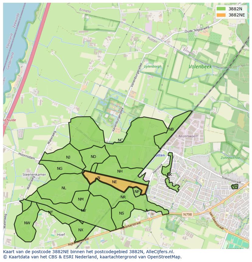 Afbeelding van het postcodegebied 3882 NE op de kaart.