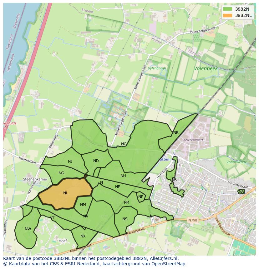 Afbeelding van het postcodegebied 3882 NL op de kaart.