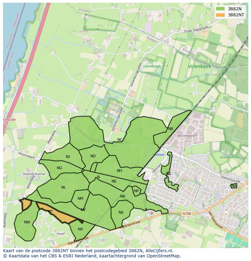 Afbeelding van het postcodegebied 3882 NT op de kaart.