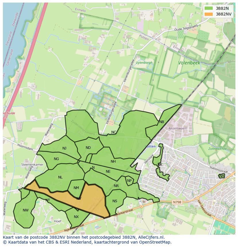 Afbeelding van het postcodegebied 3882 NV op de kaart.