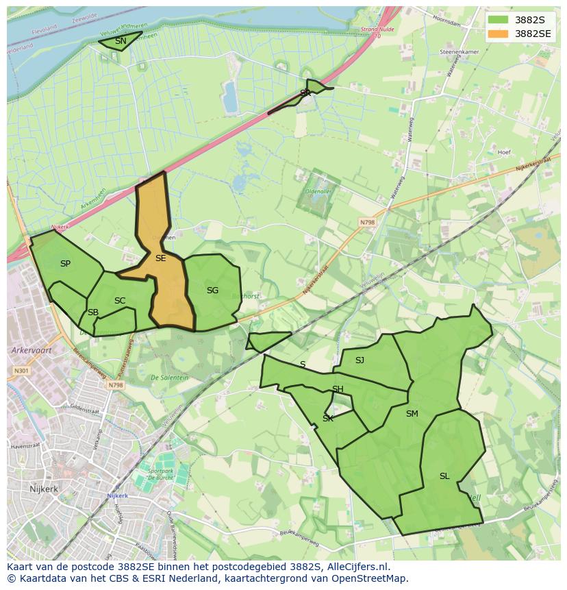 Afbeelding van het postcodegebied 3882 SE op de kaart.