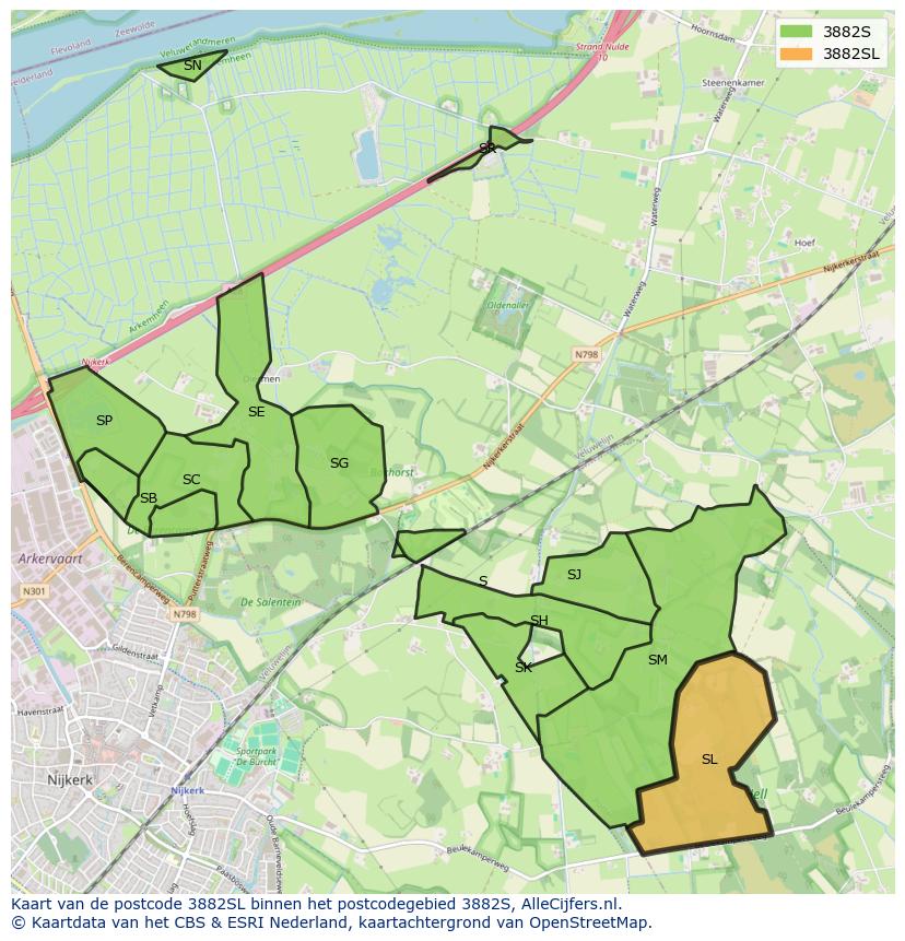 Afbeelding van het postcodegebied 3882 SL op de kaart.