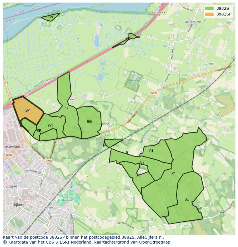 Afbeelding van het postcodegebied 3882 SP op de kaart.