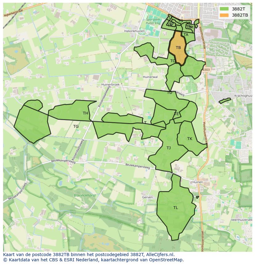 Afbeelding van het postcodegebied 3882 TB op de kaart.