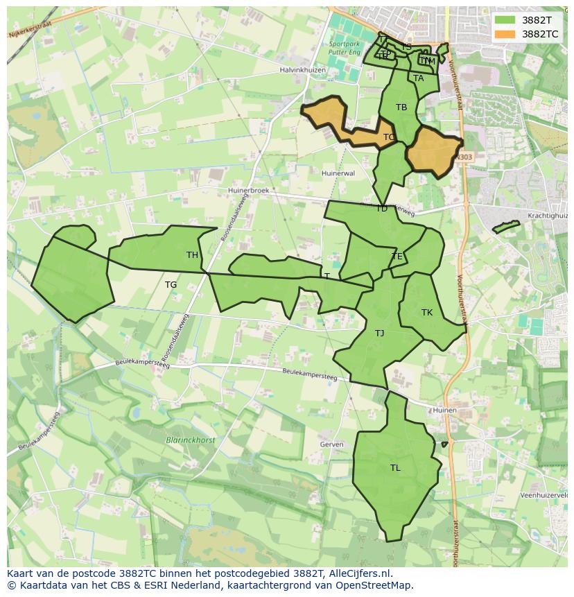 Afbeelding van het postcodegebied 3882 TC op de kaart.