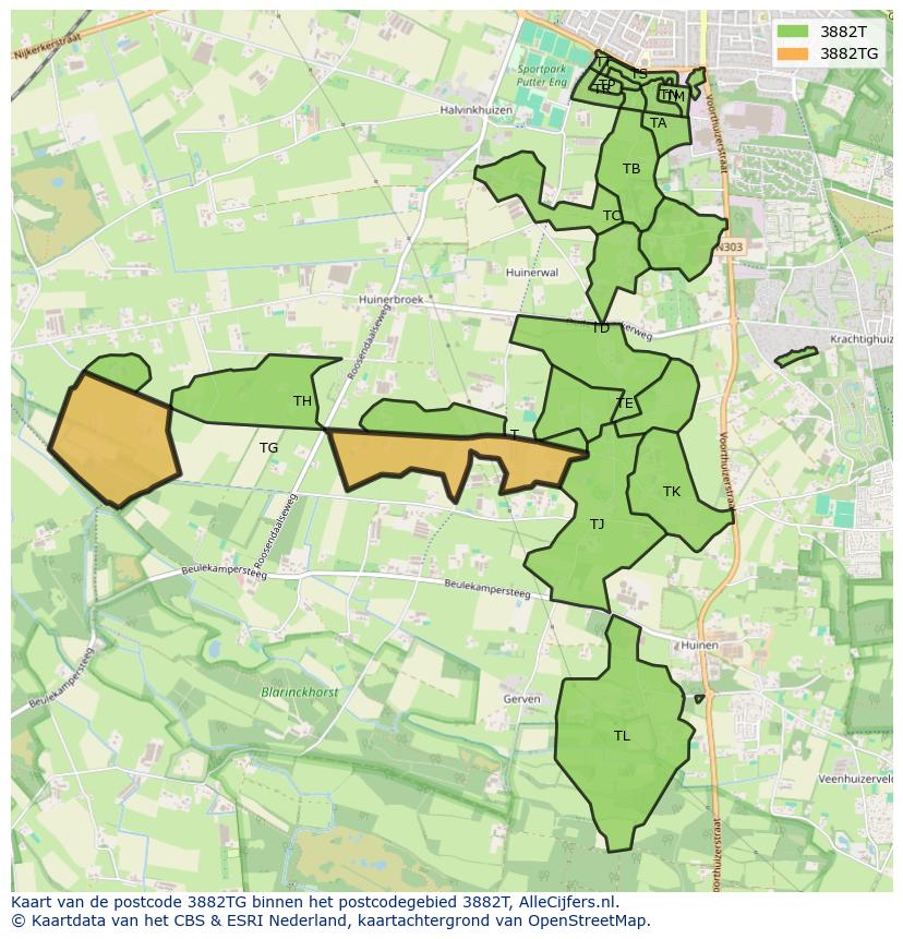 Afbeelding van het postcodegebied 3882 TG op de kaart.
