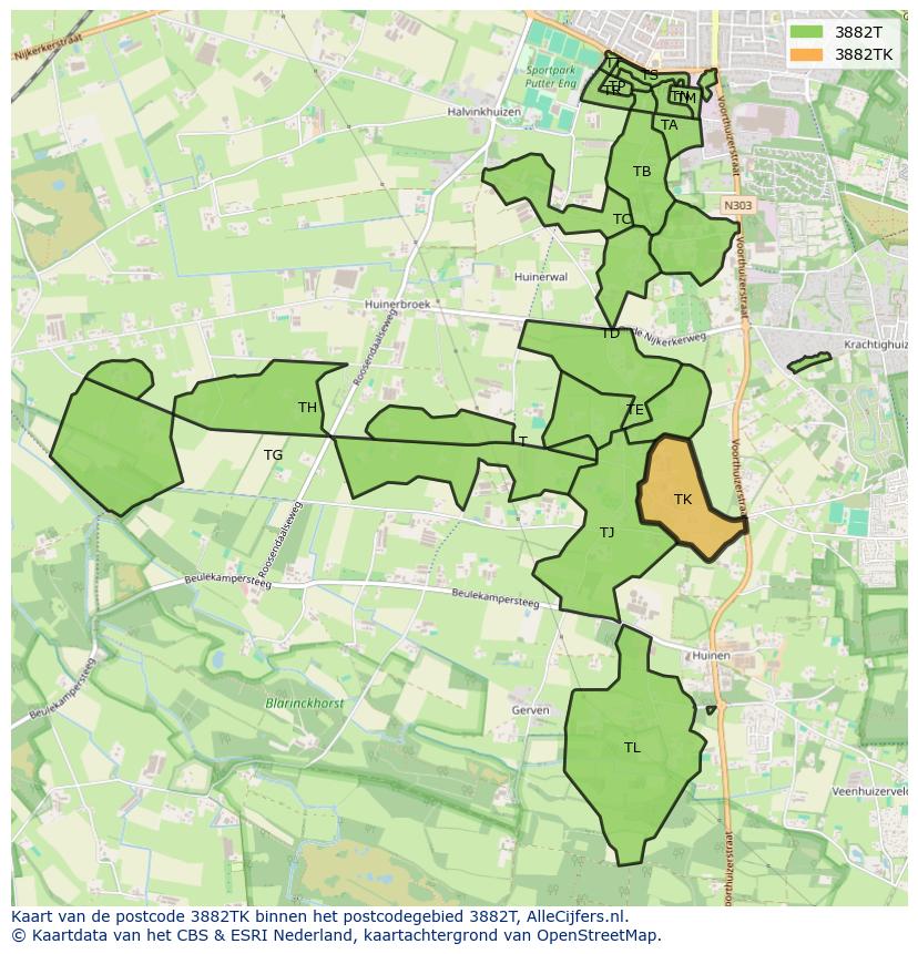 Afbeelding van het postcodegebied 3882 TK op de kaart.