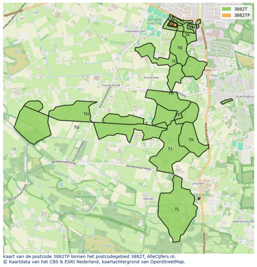 Afbeelding van het postcodegebied 3882 TP op de kaart.