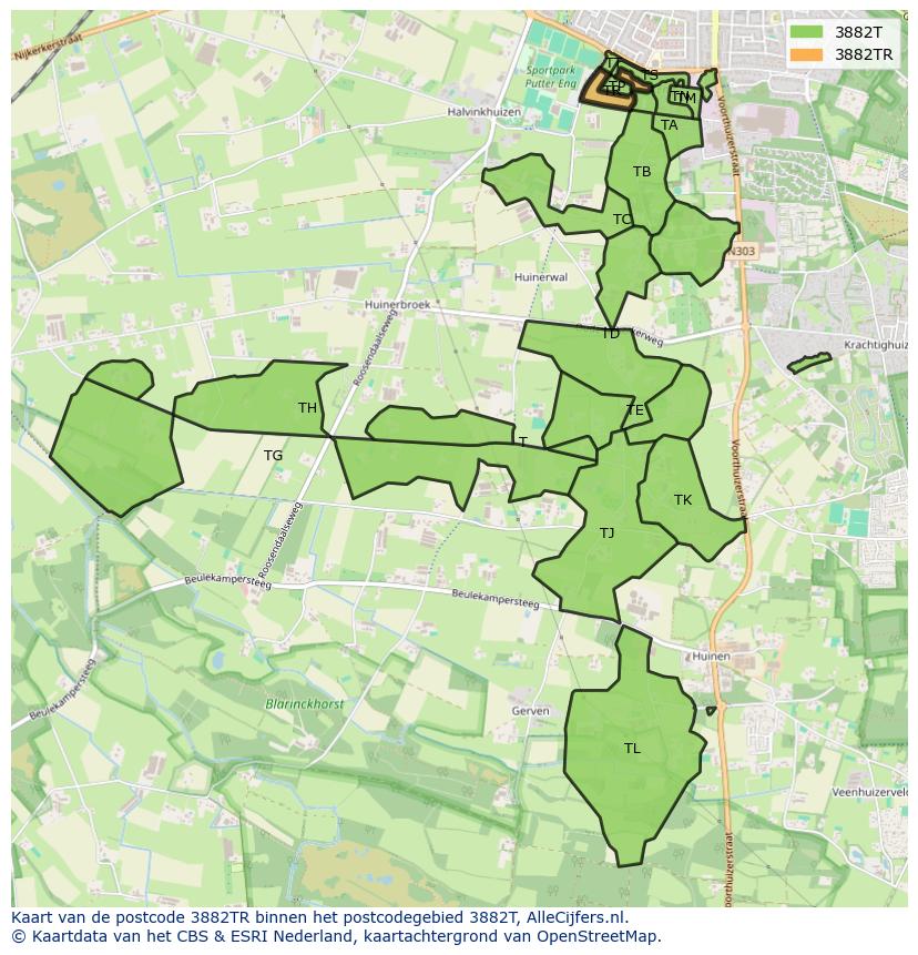 Afbeelding van het postcodegebied 3882 TR op de kaart.