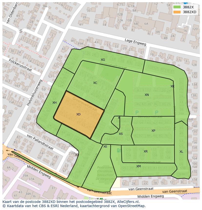 Afbeelding van het postcodegebied 3882 XD op de kaart.