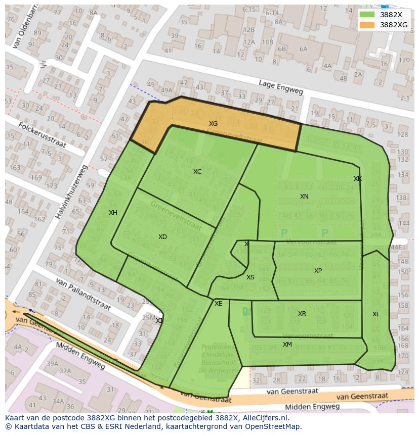 Afbeelding van het postcodegebied 3882 XG op de kaart.