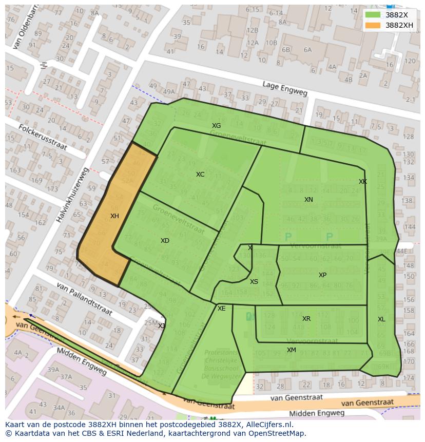 Afbeelding van het postcodegebied 3882 XH op de kaart.