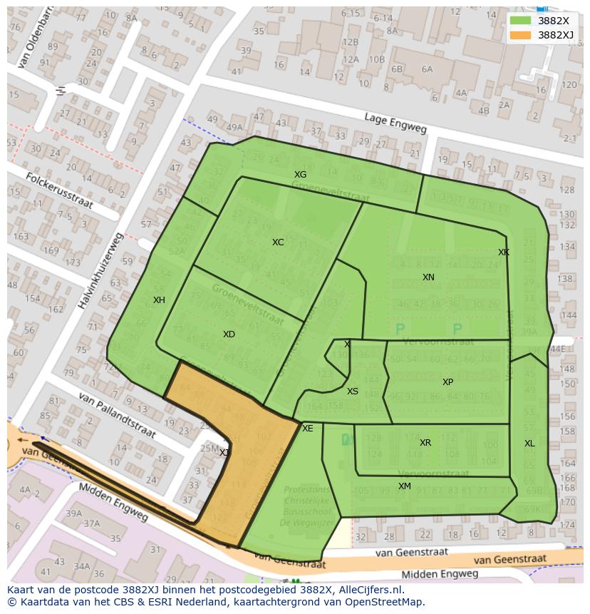 Afbeelding van het postcodegebied 3882 XJ op de kaart.