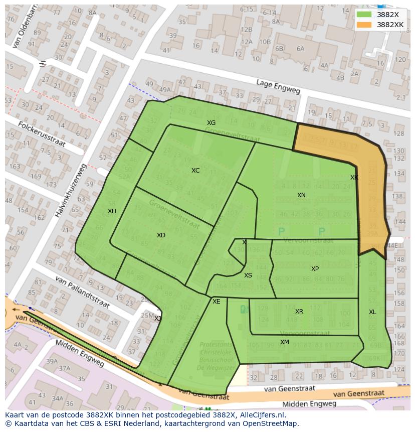 Afbeelding van het postcodegebied 3882 XK op de kaart.