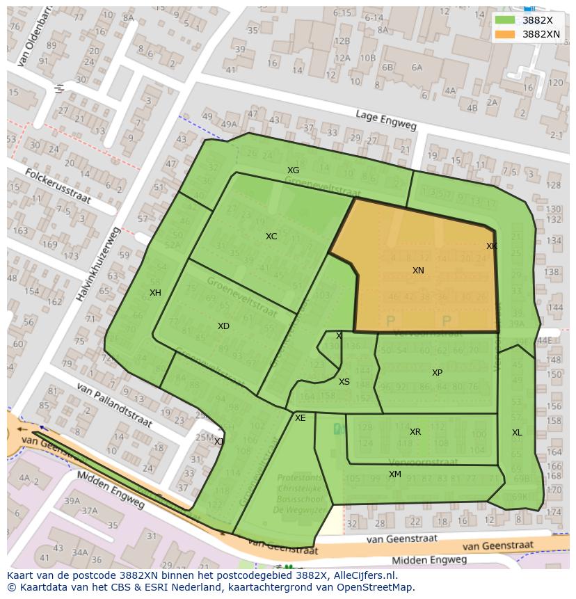 Afbeelding van het postcodegebied 3882 XN op de kaart.