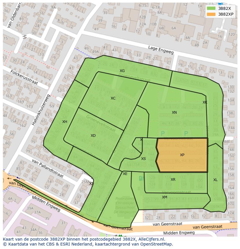 Afbeelding van het postcodegebied 3882 XP op de kaart.
