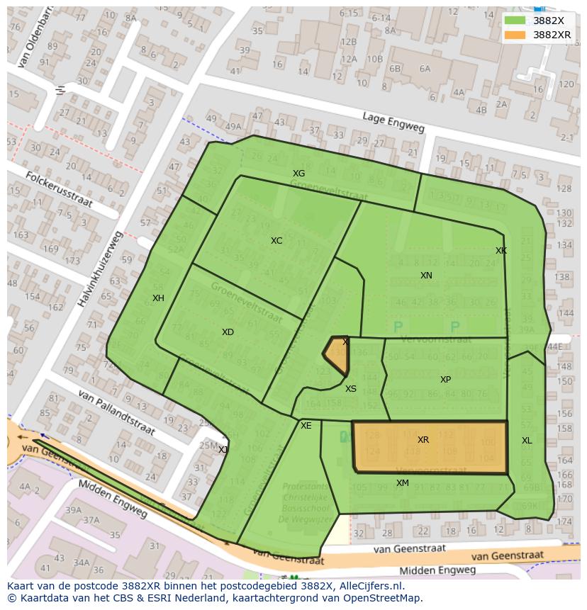 Afbeelding van het postcodegebied 3882 XR op de kaart.