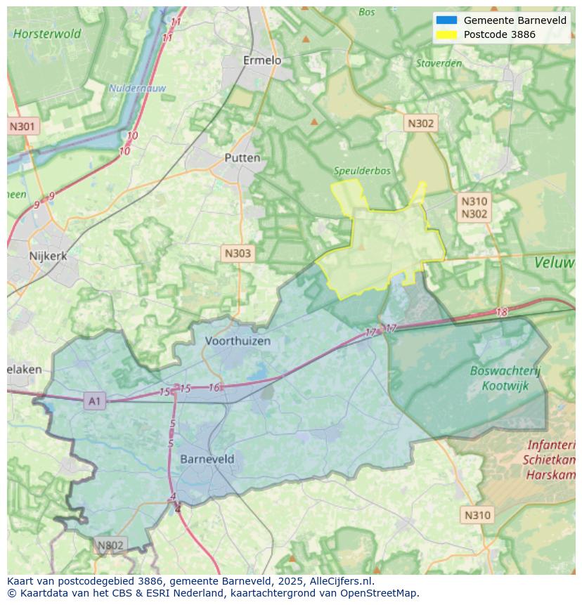 Afbeelding van het postcodegebied 3886 op de kaart.