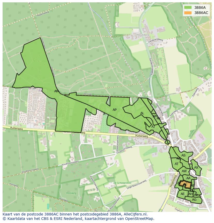 Afbeelding van het postcodegebied 3886 AC op de kaart.