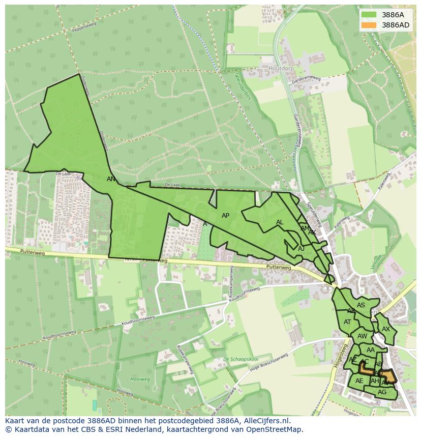 Afbeelding van het postcodegebied 3886 AD op de kaart.