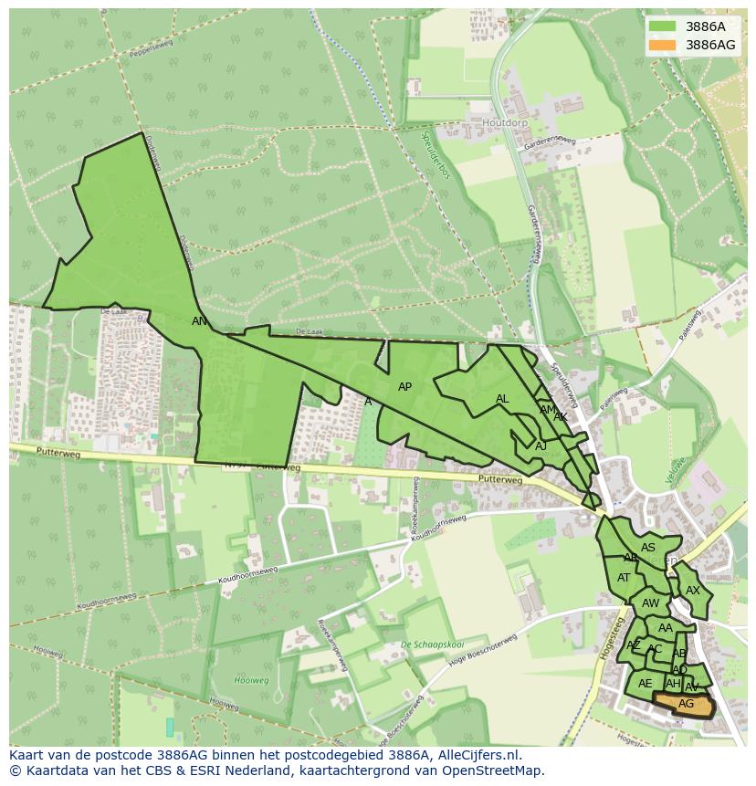 Afbeelding van het postcodegebied 3886 AG op de kaart.