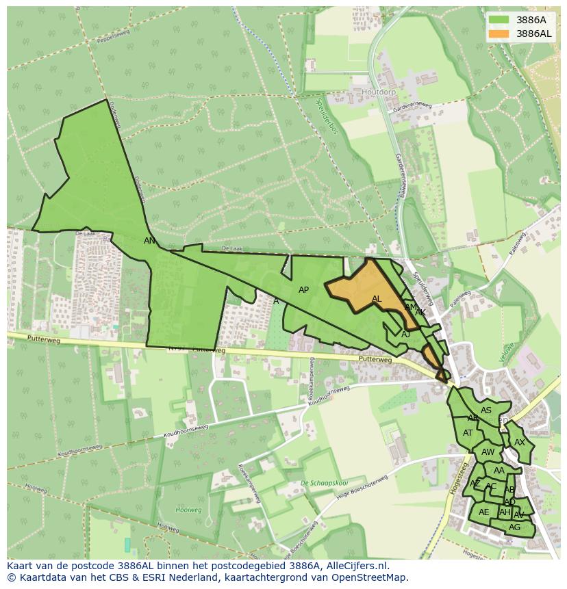 Afbeelding van het postcodegebied 3886 AL op de kaart.