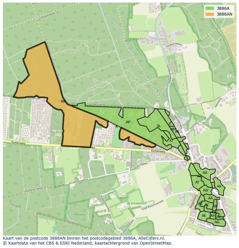 Afbeelding van het postcodegebied 3886 AN op de kaart.