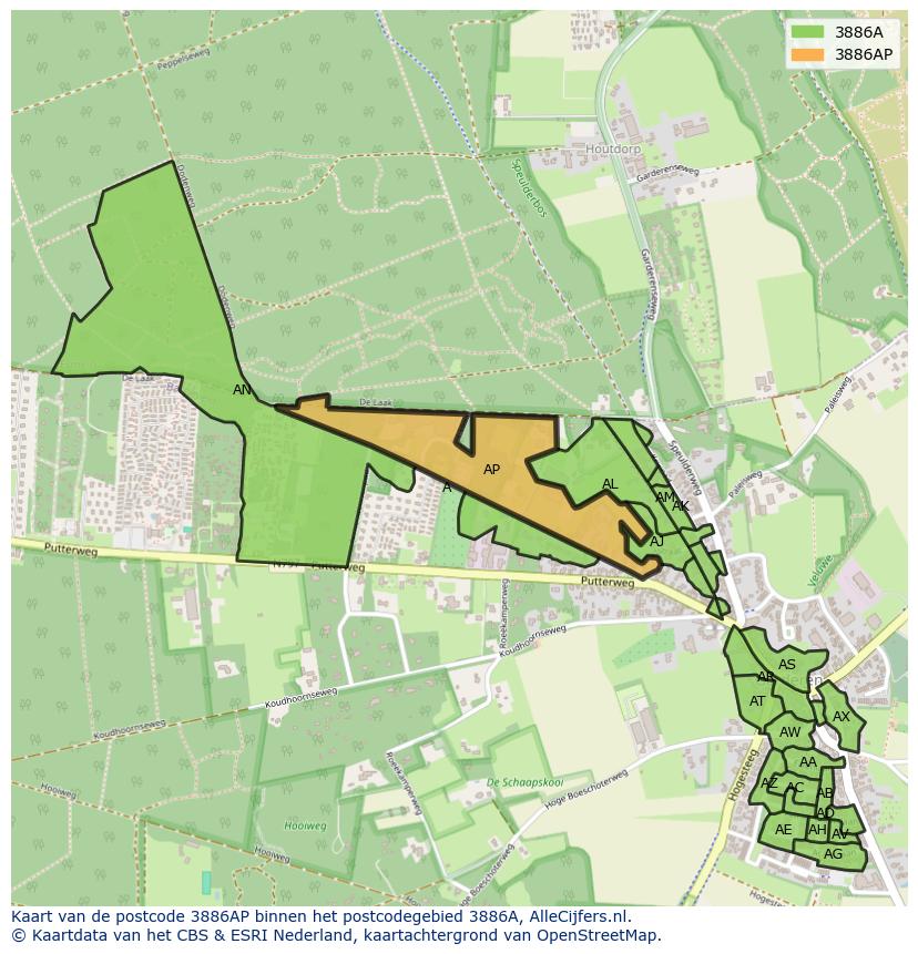Afbeelding van het postcodegebied 3886 AP op de kaart.