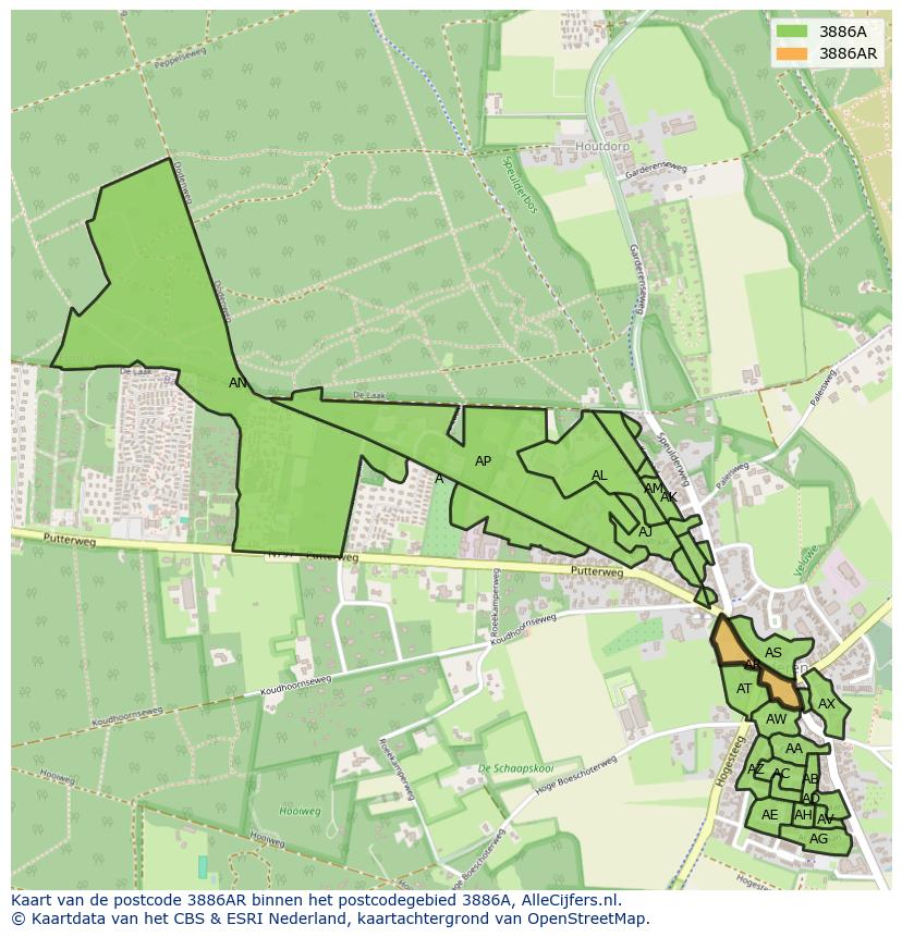 Afbeelding van het postcodegebied 3886 AR op de kaart.