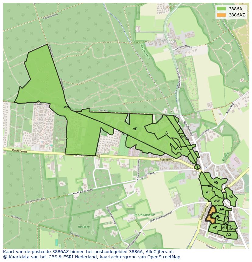 Afbeelding van het postcodegebied 3886 AZ op de kaart.