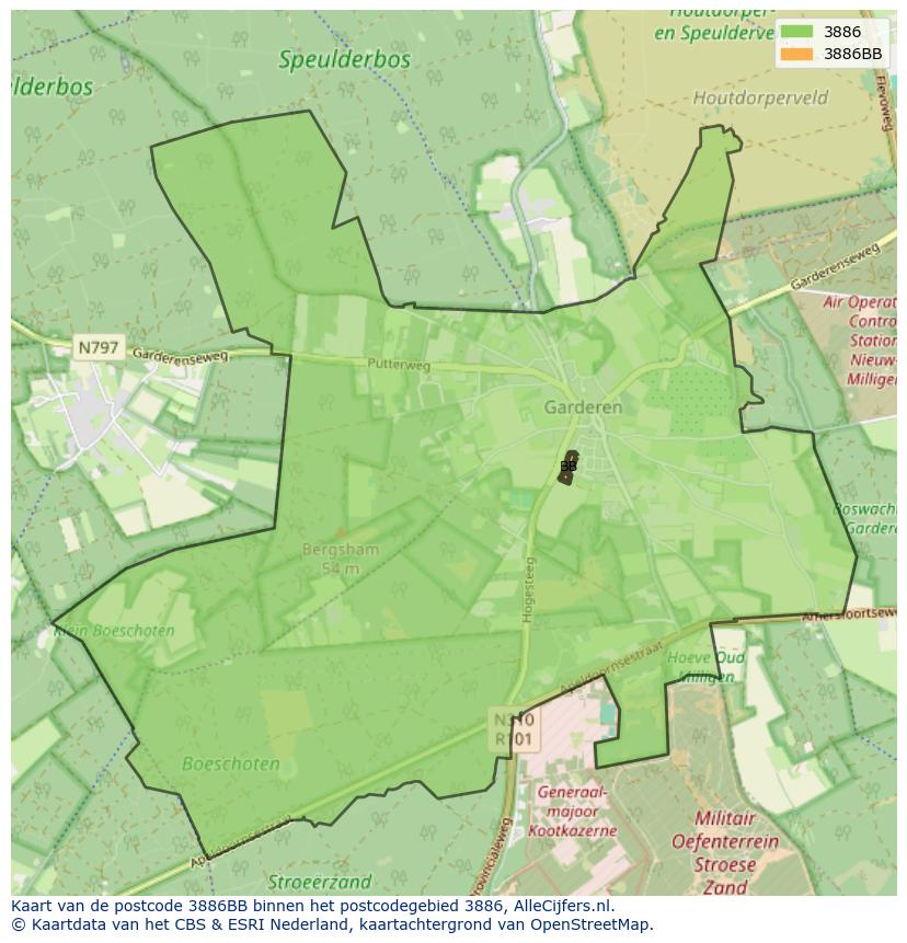Afbeelding van het postcodegebied 3886 BB op de kaart.