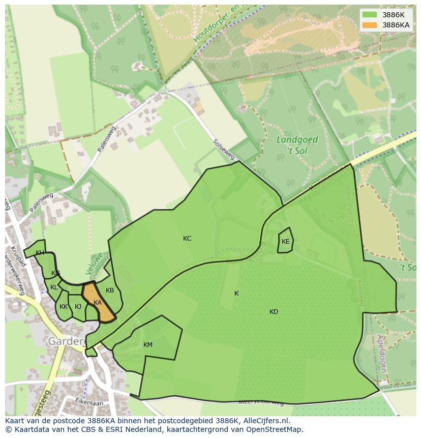 Afbeelding van het postcodegebied 3886 KA op de kaart.