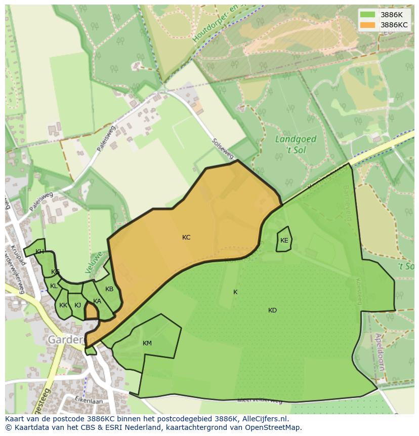 Afbeelding van het postcodegebied 3886 KC op de kaart.