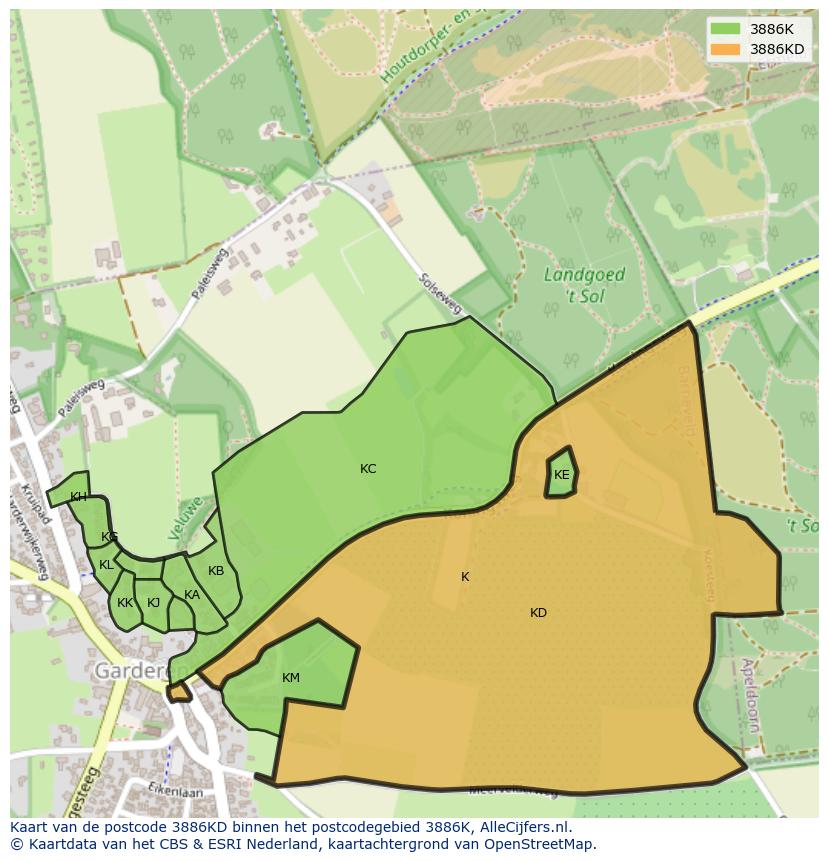 Afbeelding van het postcodegebied 3886 KD op de kaart.