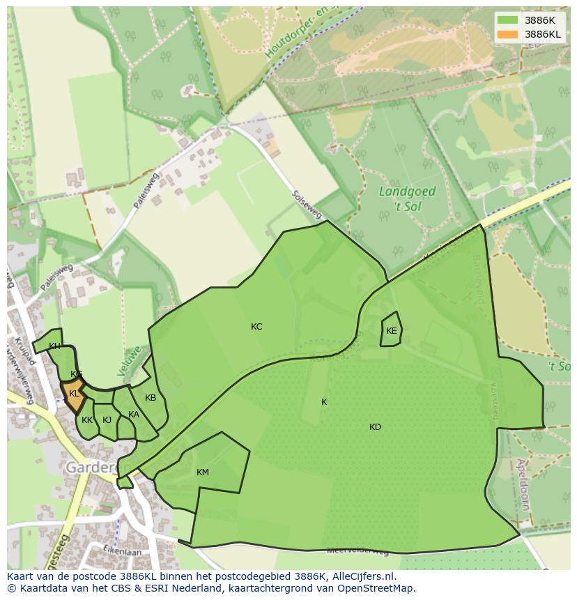 Afbeelding van het postcodegebied 3886 KL op de kaart.