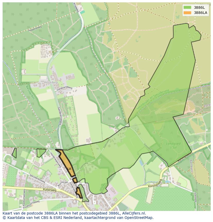 Afbeelding van het postcodegebied 3886 LA op de kaart.