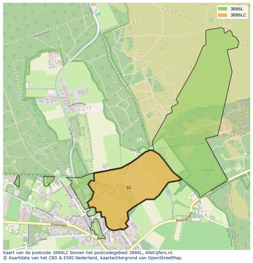 Afbeelding van het postcodegebied 3886 LC op de kaart.