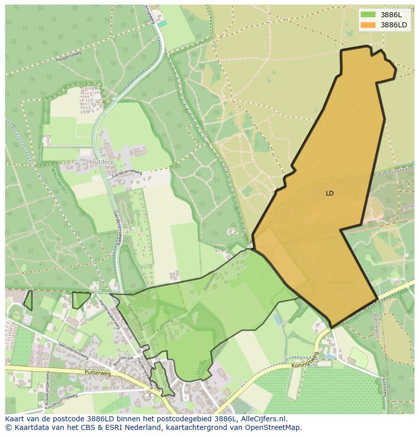 Afbeelding van het postcodegebied 3886 LD op de kaart.
