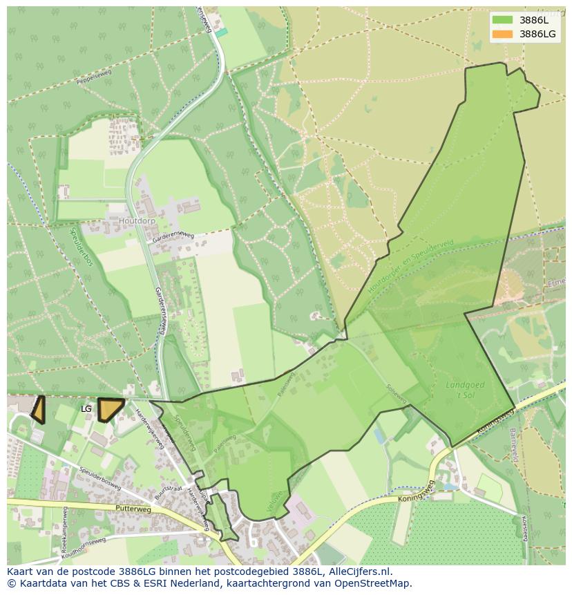 Afbeelding van het postcodegebied 3886 LG op de kaart.
