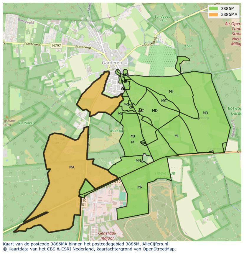 Afbeelding van het postcodegebied 3886 MA op de kaart.