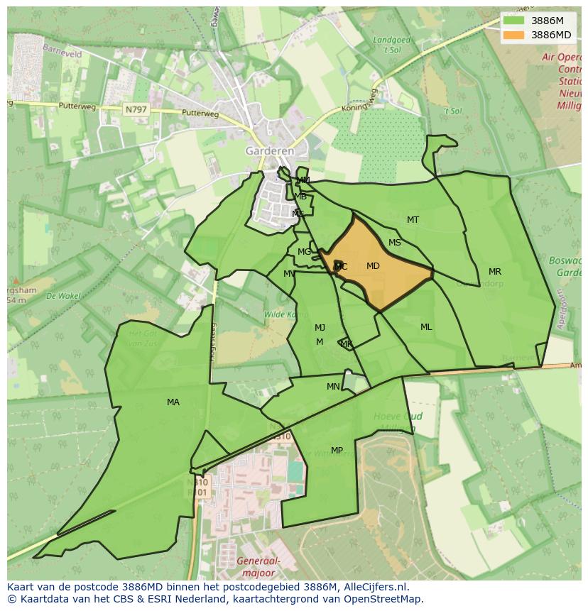 Afbeelding van het postcodegebied 3886 MD op de kaart.