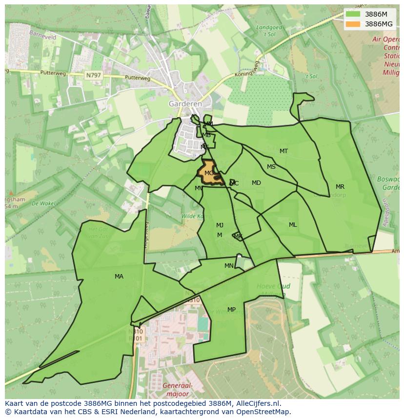 Afbeelding van het postcodegebied 3886 MG op de kaart.